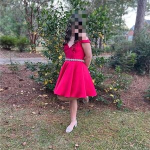 Jovani Pink Off-the-Shoulder Fit and Flare Dress